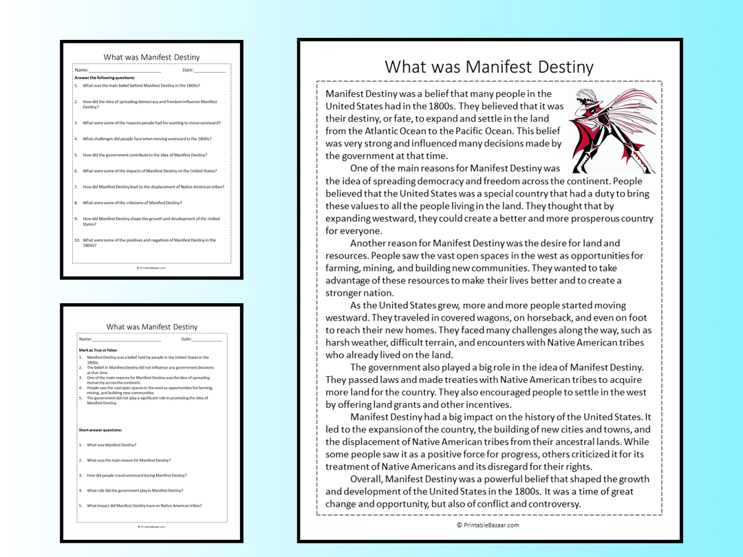 What Was Manifest Destiny Reading Comprehension Passage Printable Worksheet Teaching Resources