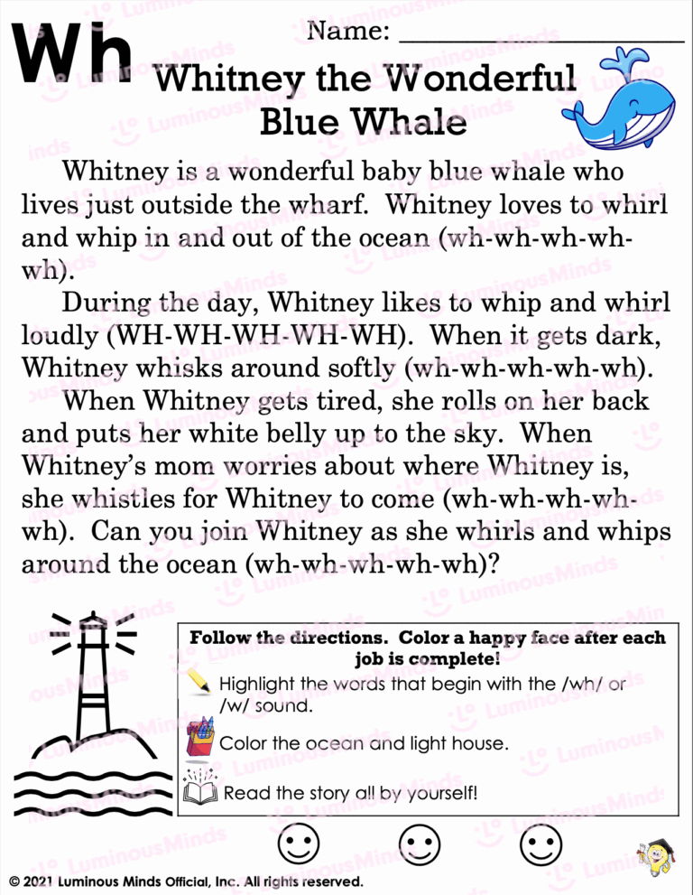 Whitney The Wonderful Blue Whale Reading Practice With Digraph wh