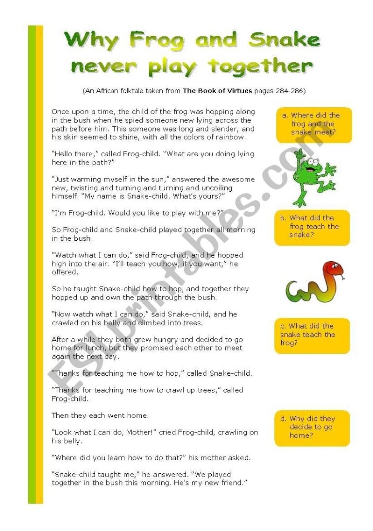 Why Frog And Snake Never Play Together ESL Worksheet By Sharon F