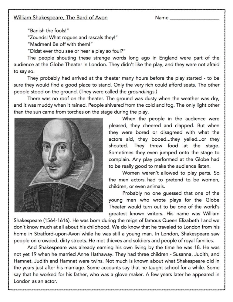 William Shakespeare Reading Comprehension Passage And Assessment Classful