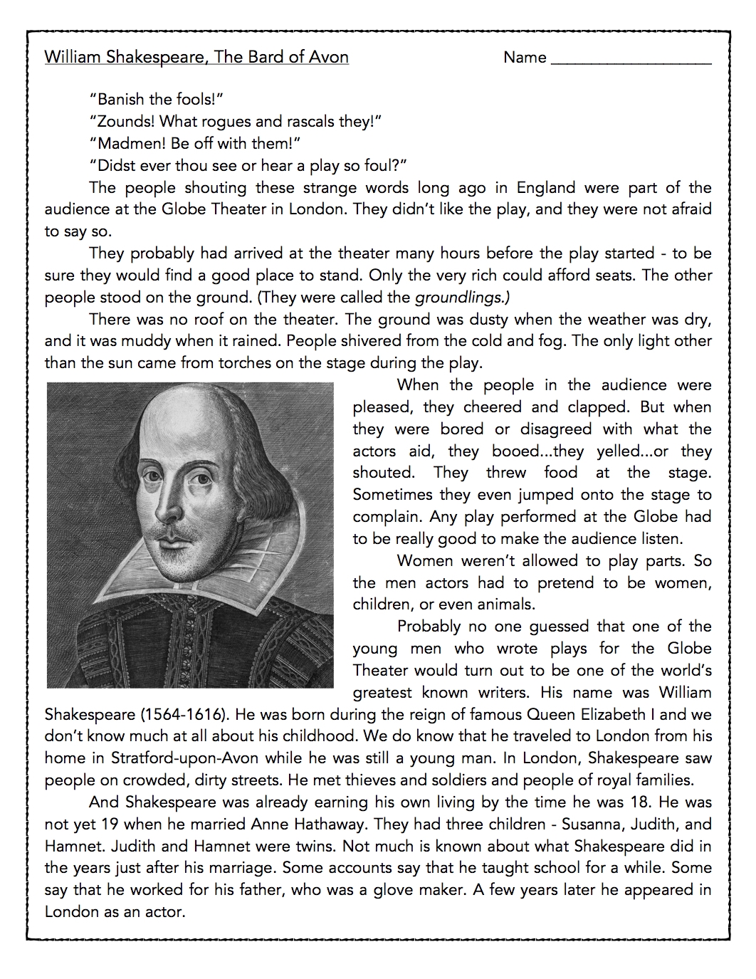 William Shakespeare Reading Comprehension Passage And Assessment Classful