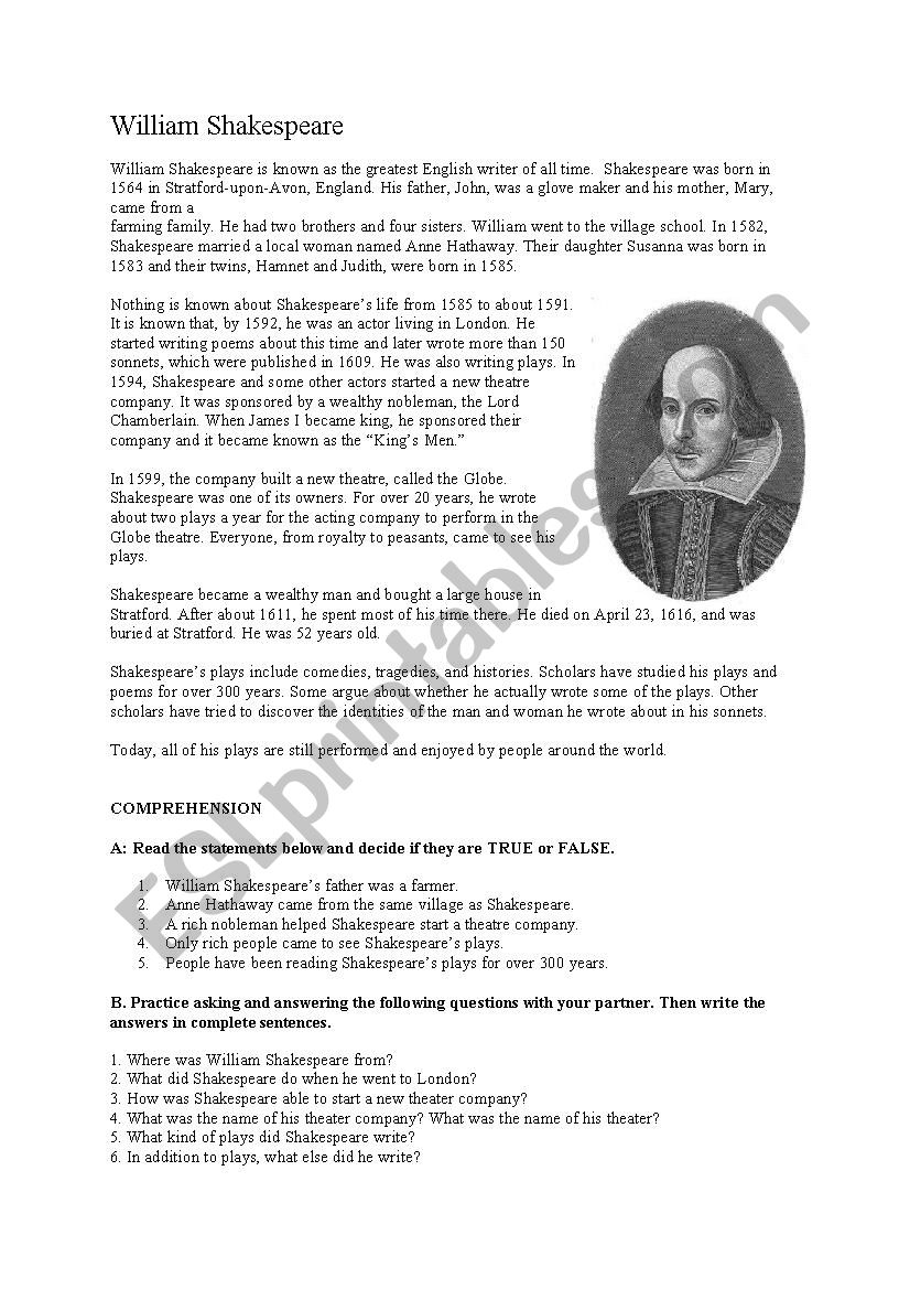 William Shakespeare Reading Pre Intermediate ESL Worksheet By Annierose101 hotmail
