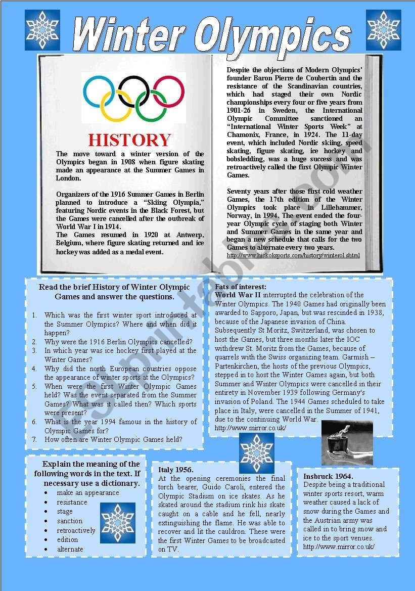Winter Olympics Reading Comprehension Worksheets