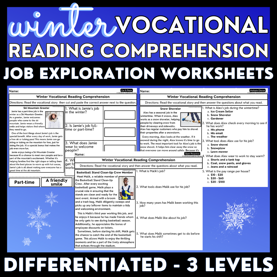 Winter Vocational Reading Comprehension Worksheets Job Exploration Classful