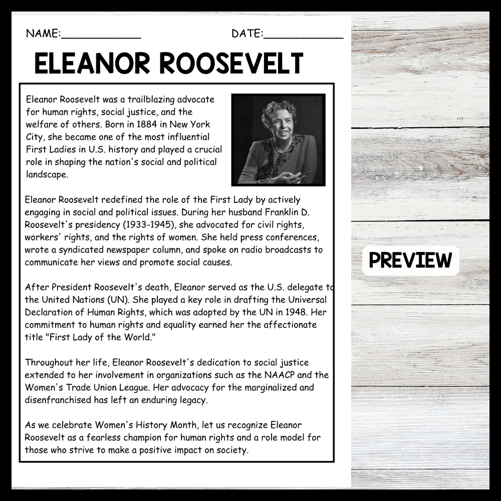Eleanor Roosevelt Reading Comprehension Worksheet