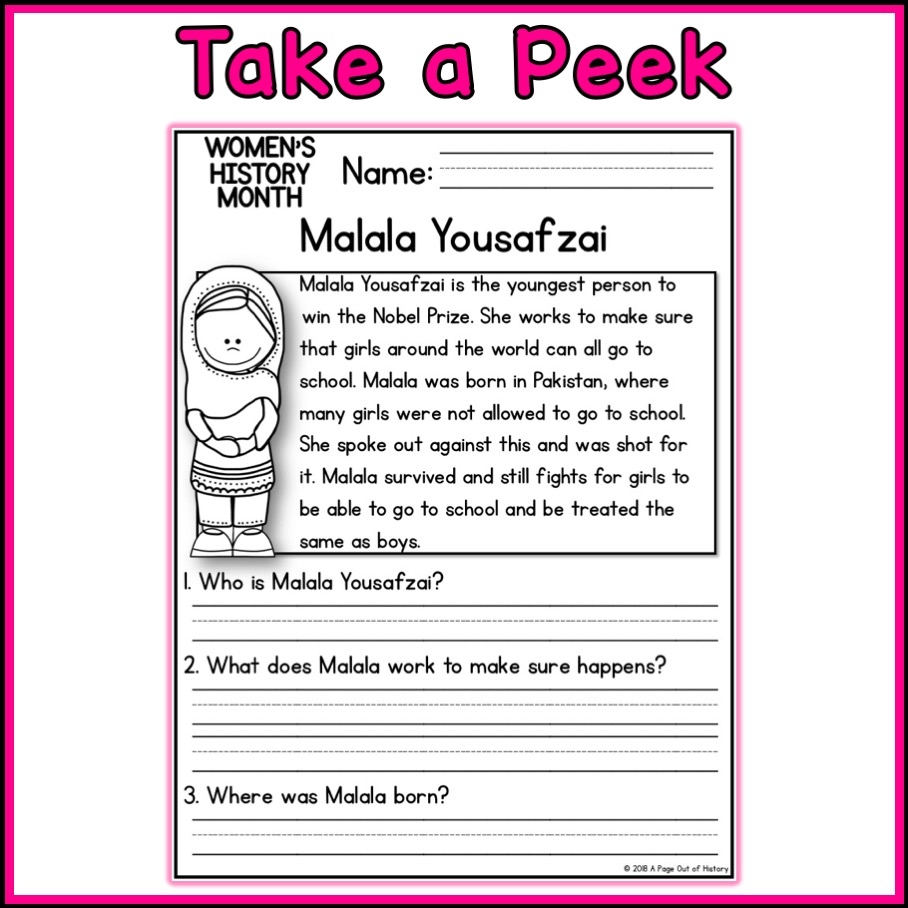 Womens History Month Social Studies Reading Comprehension Passages K 2