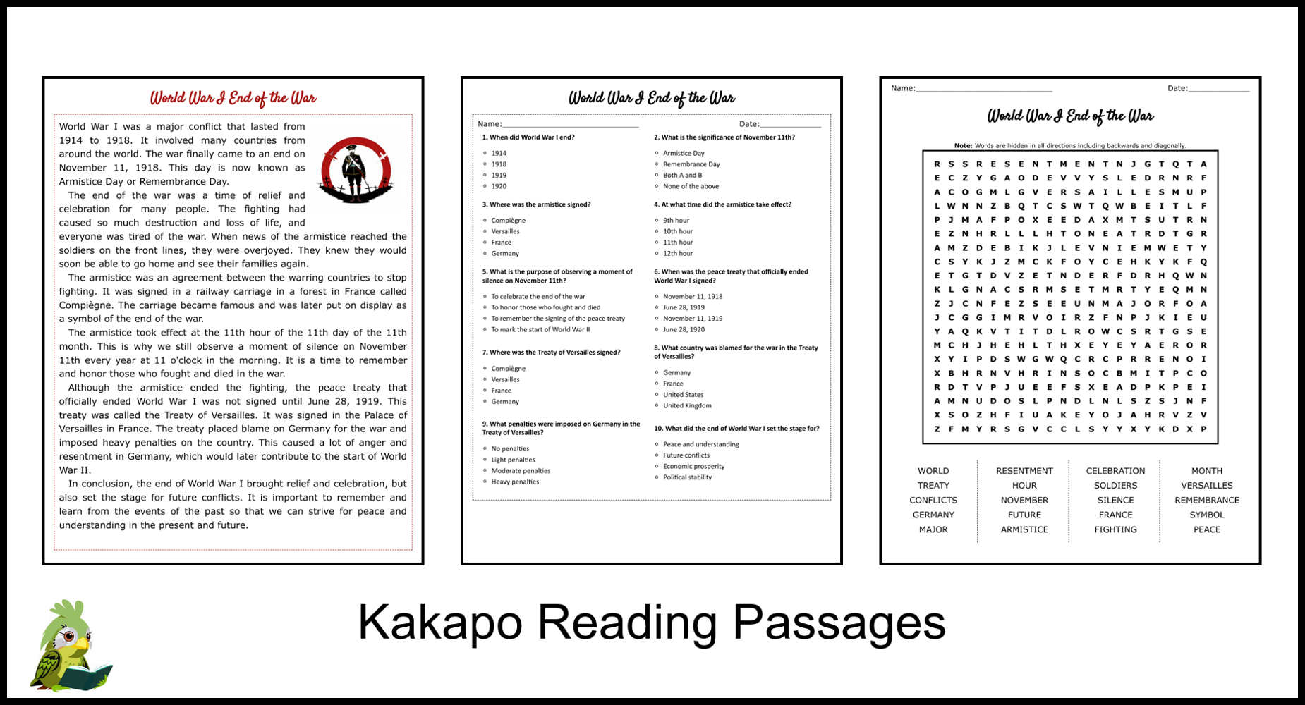 World War I End Of The War Reading Comprehension And Word Search Teaching Resources