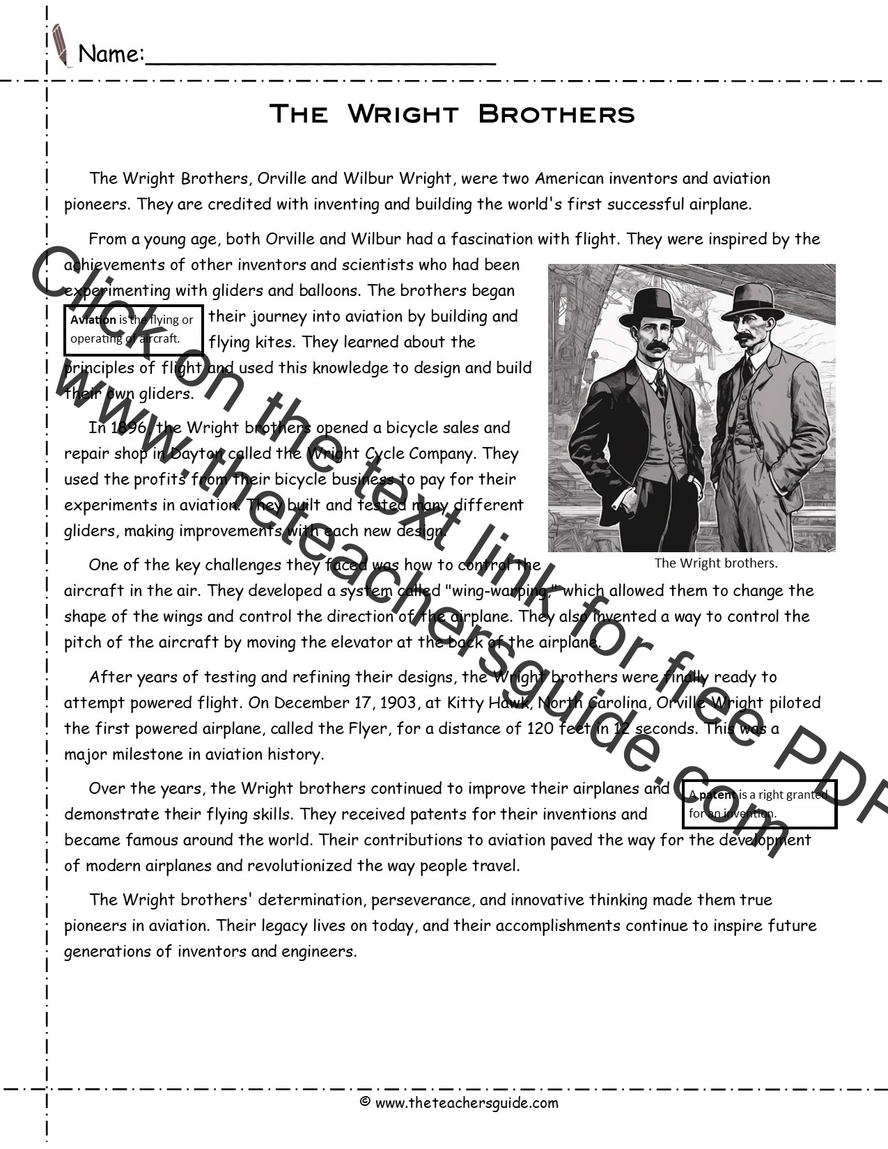The Wright Brothers Reading Comprehension Worksheet